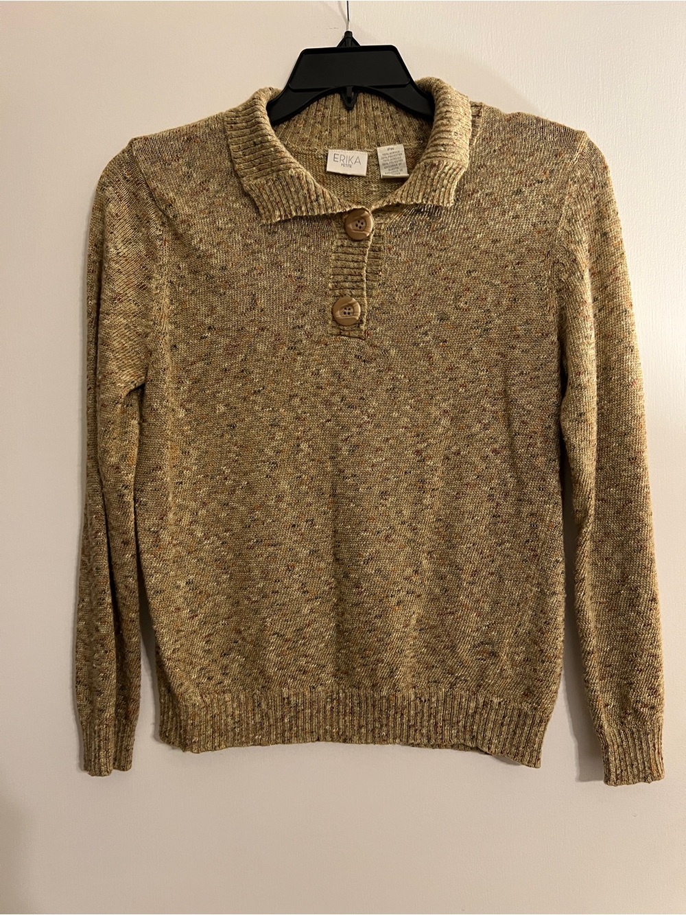 Erika Olive Fleck Shawl-Collar Crewneck Sweater